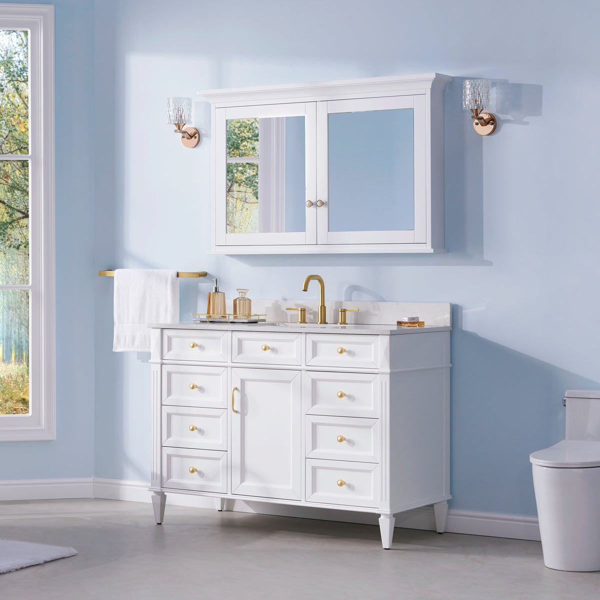 WELLFOR GRACE Solid Wood 48-in x 30-in Surface Mount White Mirrored Soft Close Medicine Cabinet