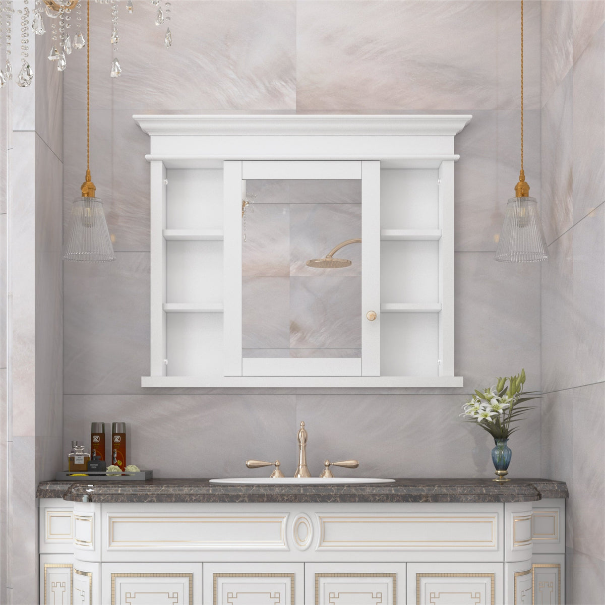 WELLFOR GRACE Solid Wood 40-in x 32-in Recessed Mount White Mirrored Soft Close Medicine Cabinet