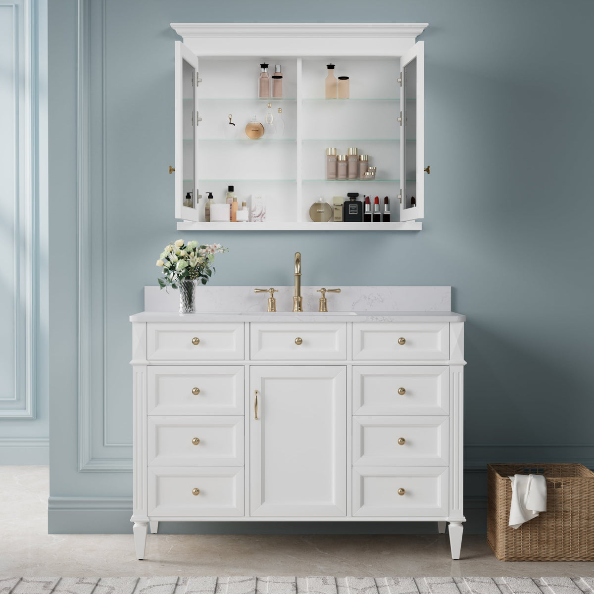 WELLFOR GRACE Solid Wood 40-in x 32-in Recessed Mount White Mirrored Soft Close Medicine Cabinet
