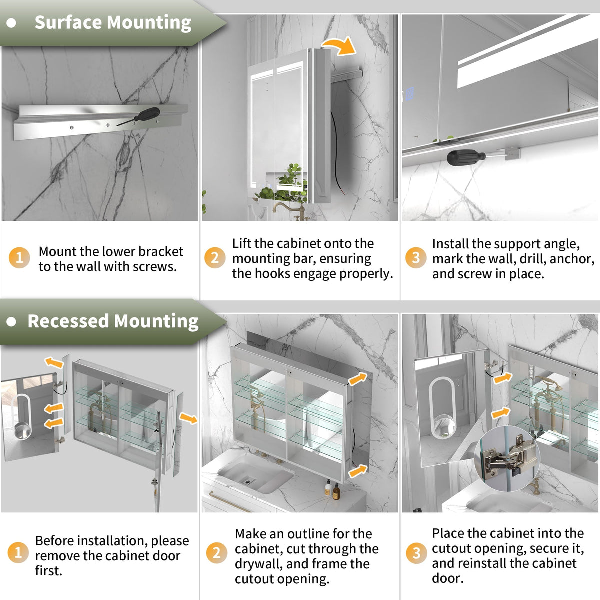 ExBrite Vilara 48-in x 32-in Lighted LED Fog Free Surface/Recessed Mount Silver Mirrored Soft Close Medicine Cabinet with Outlet