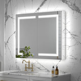 ExBrite Vilara 40-in x 32-in Lighted LED Fog Free Surface/Recessed Mount Silver Mirrored Soft Close Medicine Cabinet with Outlet