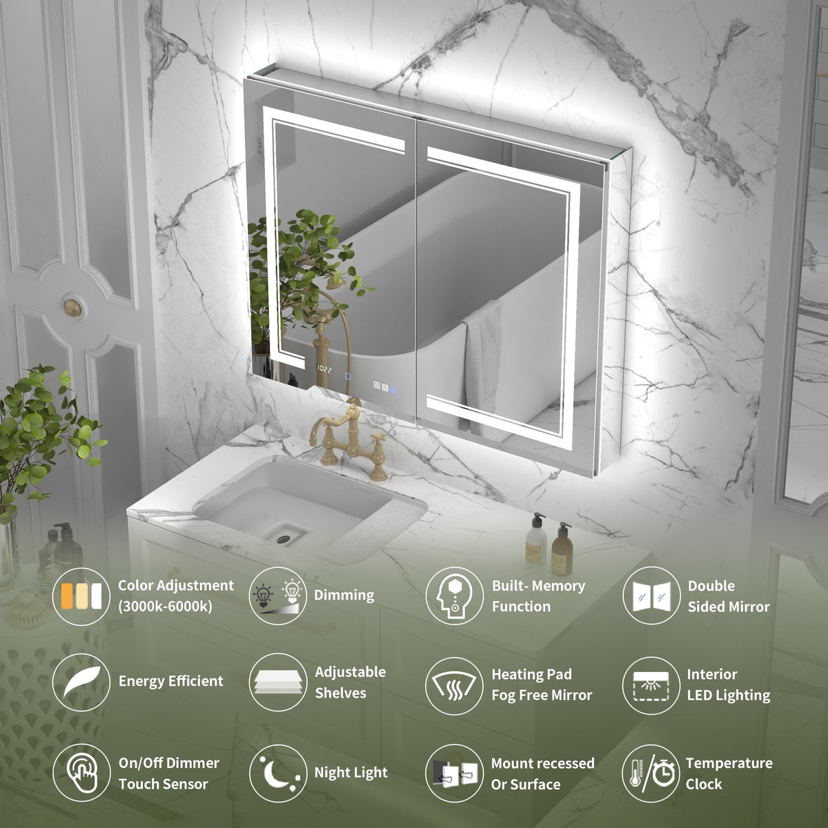 ExBrite Vilara 40-in x 32-in Lighted LED Fog Free Surface/Recessed Mount Silver Mirrored Soft Close Medicine Cabinet with Outlet