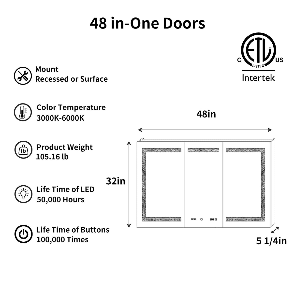 ExBrite Vilara 48-in x 32-in Lighted LED Fog Free Surface/Recessed Mount Silver Mirrored Soft Close Medicine Cabinet with Outlet