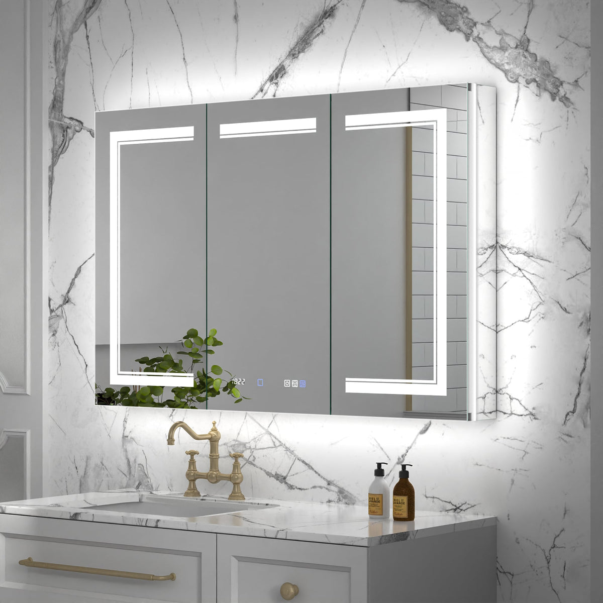 ExBrite Vilara 48-in x 32-in Lighted LED Fog Free Surface/Recessed Mount Silver Mirrored Soft Close Medicine Cabinet with Outlet