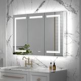 ExBrite Vilara 48-in x 32-in Lighted LED Fog Free Surface/Recessed Mount Silver Mirrored Soft Close Medicine Cabinet with Outlet