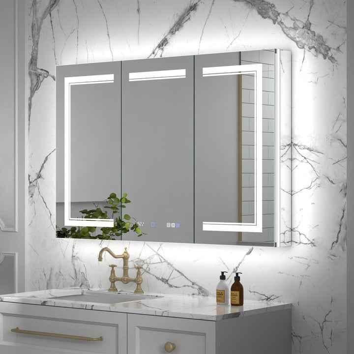 ExBrite Vilara 48-in x 32-in Lighted LED Fog Free Surface/Recessed Mount Silver Mirrored Soft Close Medicine Cabinet with Outlet