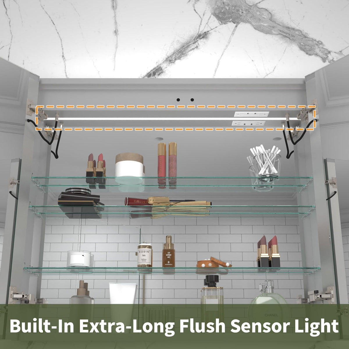 ExBrite Vilara 48-in x 32-in Lighted LED Fog Free Surface/Recessed Mount Silver Mirrored Soft Close Medicine Cabinet with Outlet