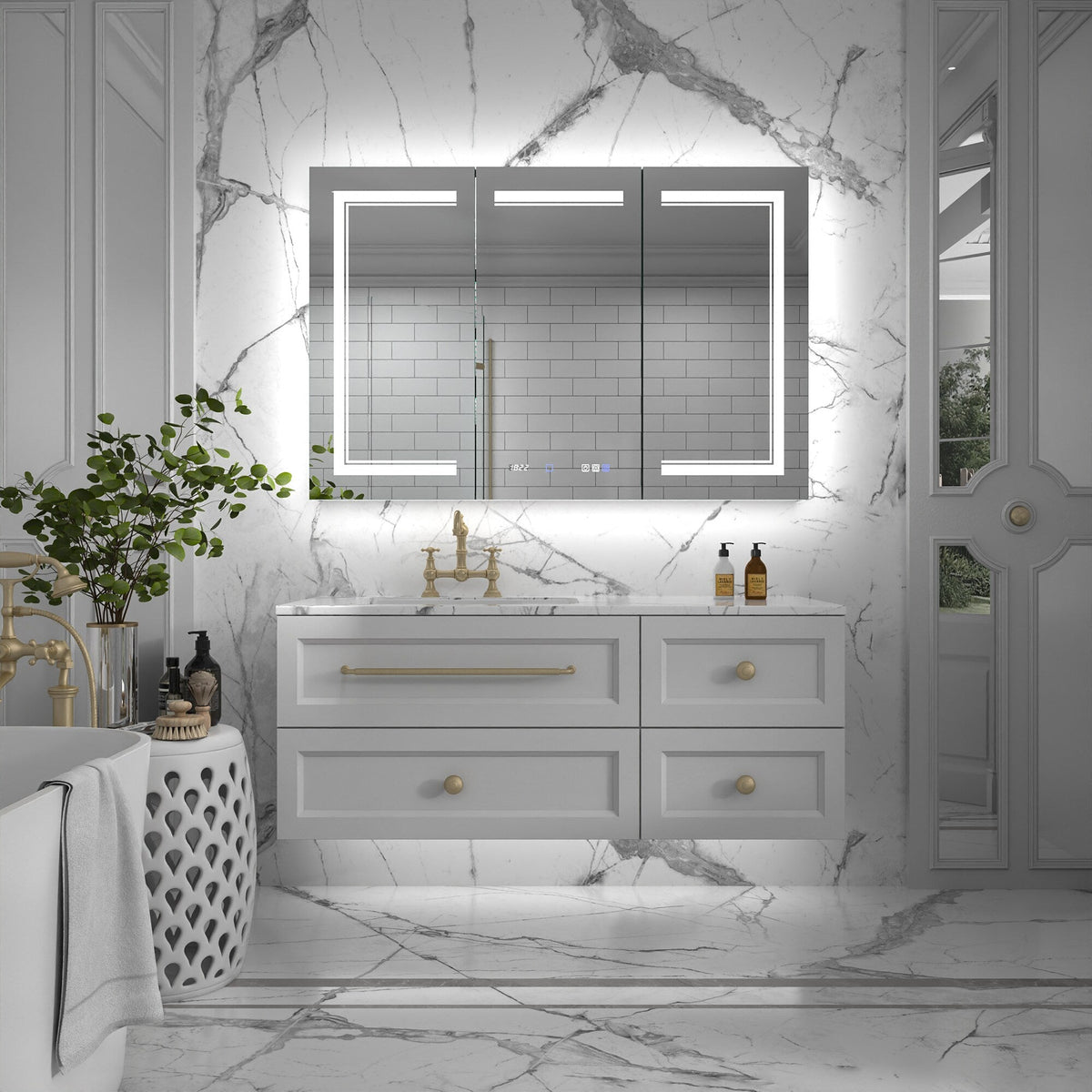 ExBrite Vilara 48-in x 32-in Lighted LED Fog Free Surface/Recessed Mount Silver Mirrored Soft Close Medicine Cabinet with Outlet