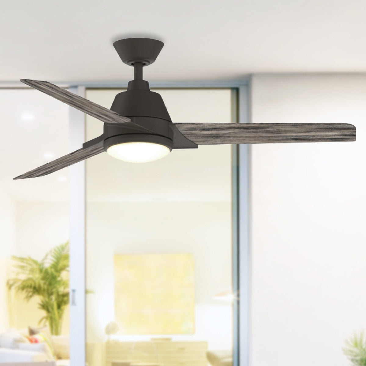 Fanimation Studio Collection Pyramid 52-in Matte Greige LED Indoor/Outdoor Ceiling Fan with Remote, Weathered Wood Blades (3-Blade)