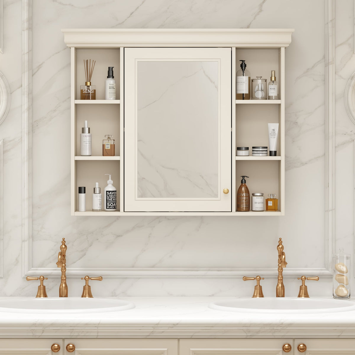 AAZJ MRS 35-in x 28-in Surface Mount Beige Mirrored Soft Close Medicine Cabinet