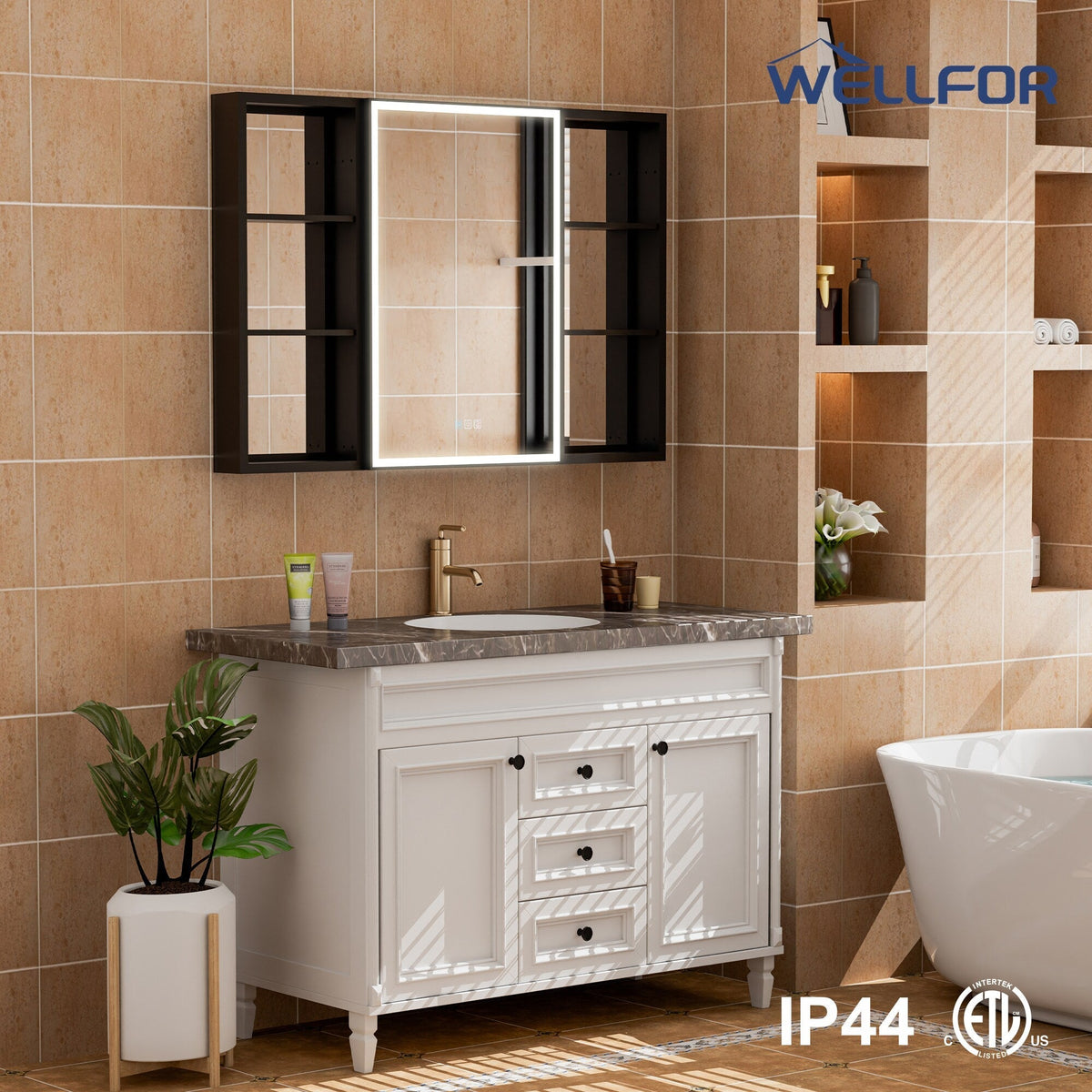 WELLFOR W12 44-in x 30-in Lighted LED Fog Free Surface/Recessed Mount Anodized Black Aluminum Mirrored Soft Close Medicine Cabinet with Outlet