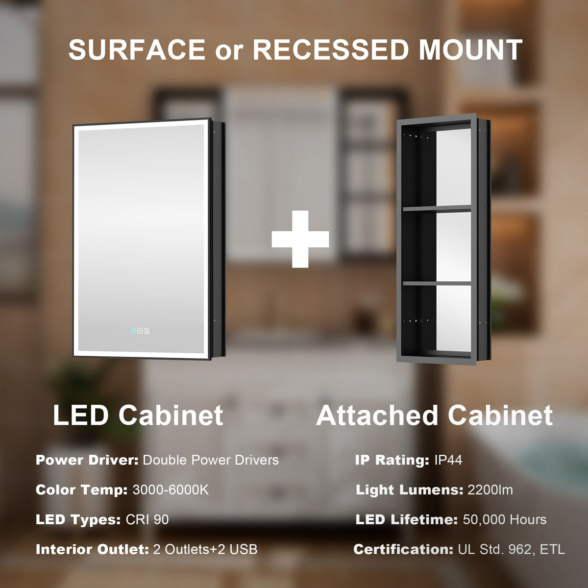 WELLFOR W12 32-in x 30-in Lighted LED Fog Free Surface/Recessed Mount Anodized Black Aluminum Mirrored Soft Close Medicine Cabinet with Outlet