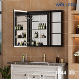 WELLFOR W12 32-in x 30-in Lighted LED Fog Free Surface/Recessed Mount Anodized Black Aluminum Mirrored Soft Close Medicine Cabinet with Outlet