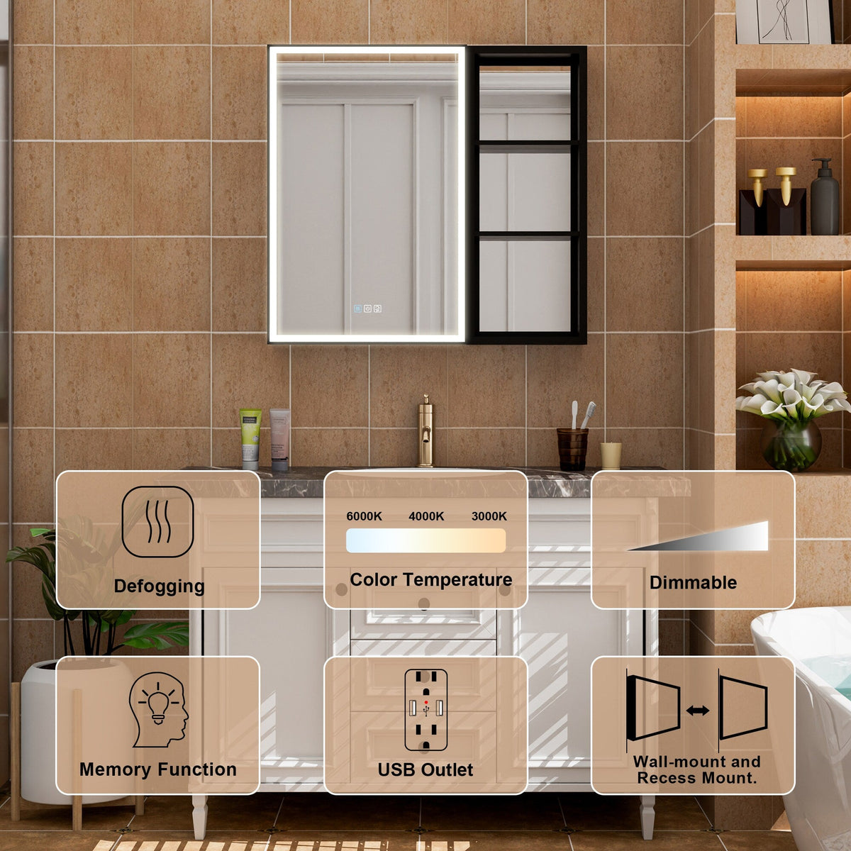 WELLFOR W12 32-in x 30-in Lighted LED Fog Free Surface/Recessed Mount Anodized Black Aluminum Mirrored Soft Close Medicine Cabinet with Outlet