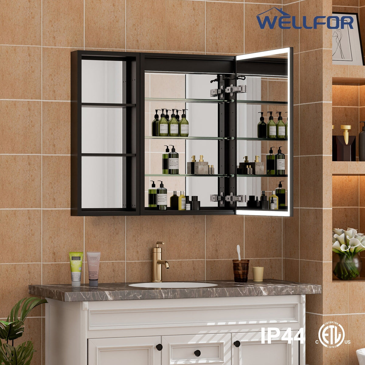 WELLFOR W12 32-in x 30-in Lighted LED Fog Free Surface/Recessed Mount Anodized Black Aluminum Mirrored Soft Close Medicine Cabinet with Outlet