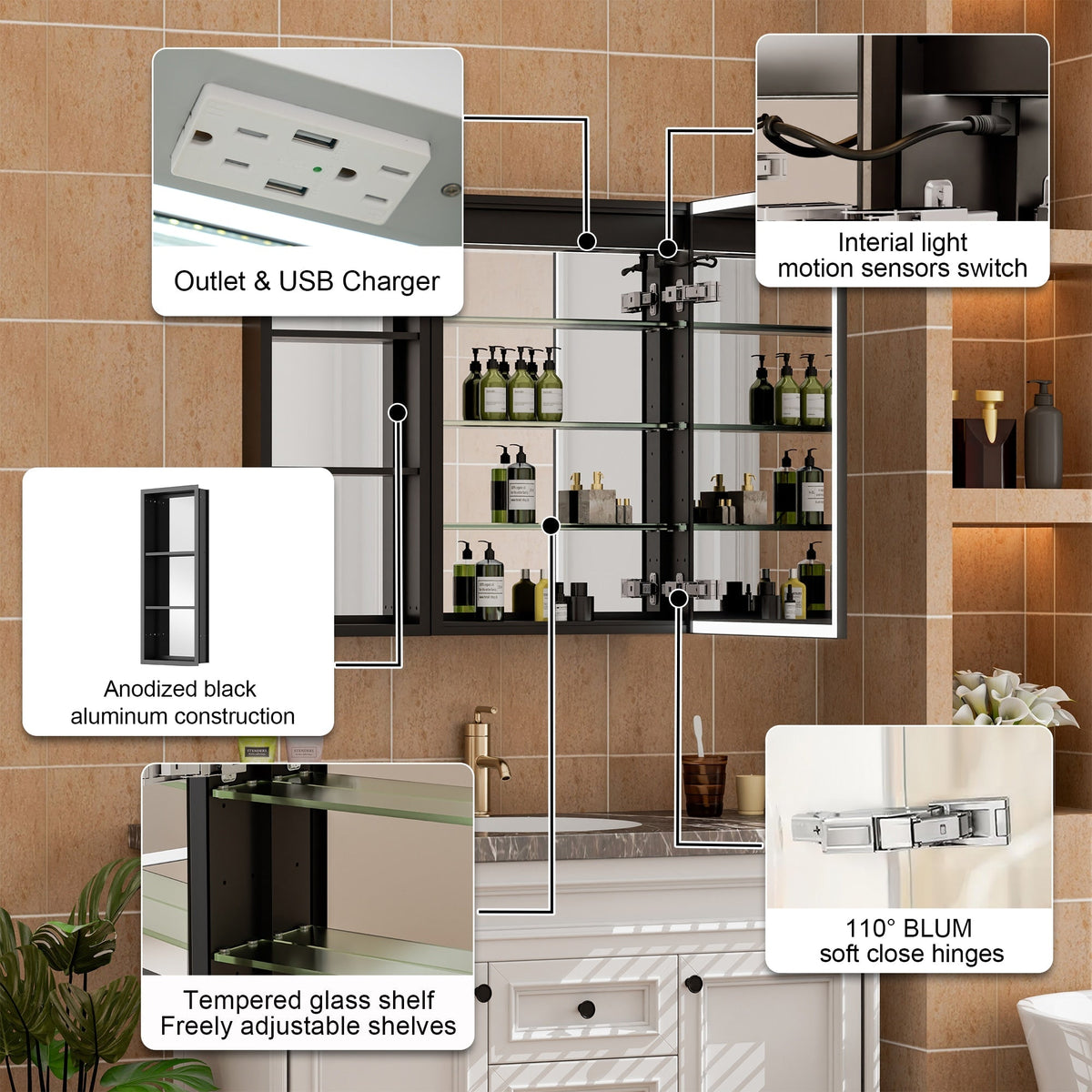 WELLFOR W12 32-in x 30-in Lighted LED Fog Free Surface/Recessed Mount Anodized Black Aluminum Mirrored Soft Close Medicine Cabinet with Outlet