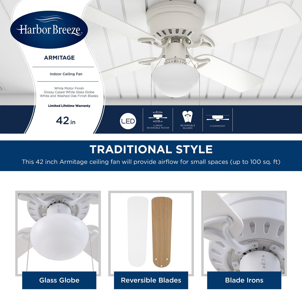Harbor Breeze Armitage 42-in White LED Indoor Flush Mount Ceiling Fan with Light, 4-Blade