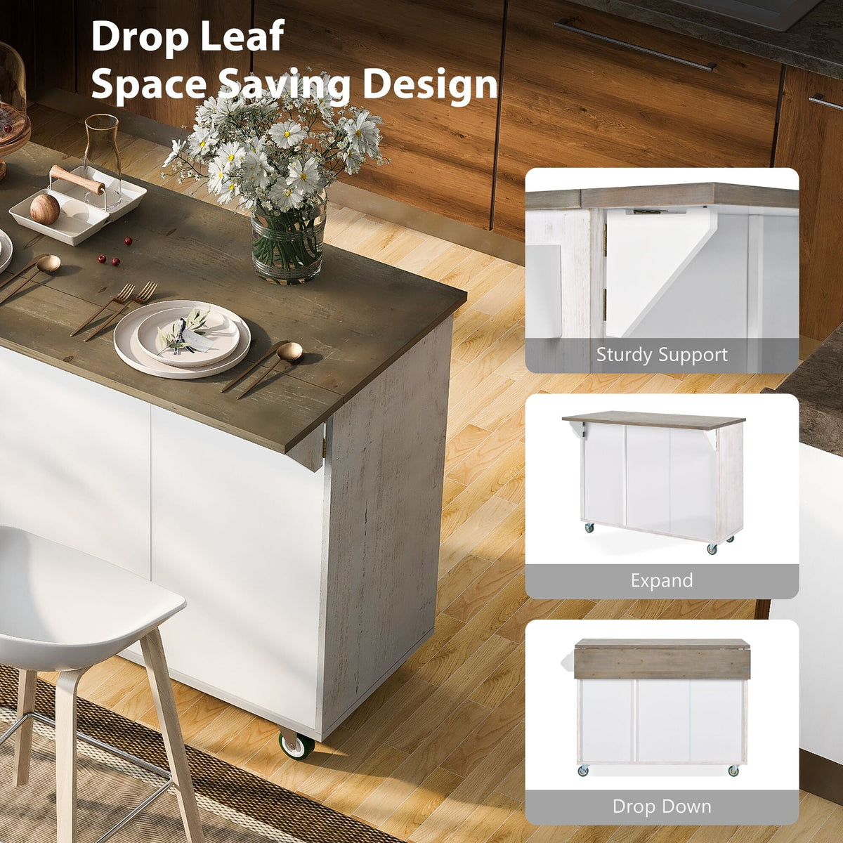 CESICIA White Mdf Base with Mdf Wood Top Rolling Kitchen Island (25.7-in x 51.57-in x 36.7-in)