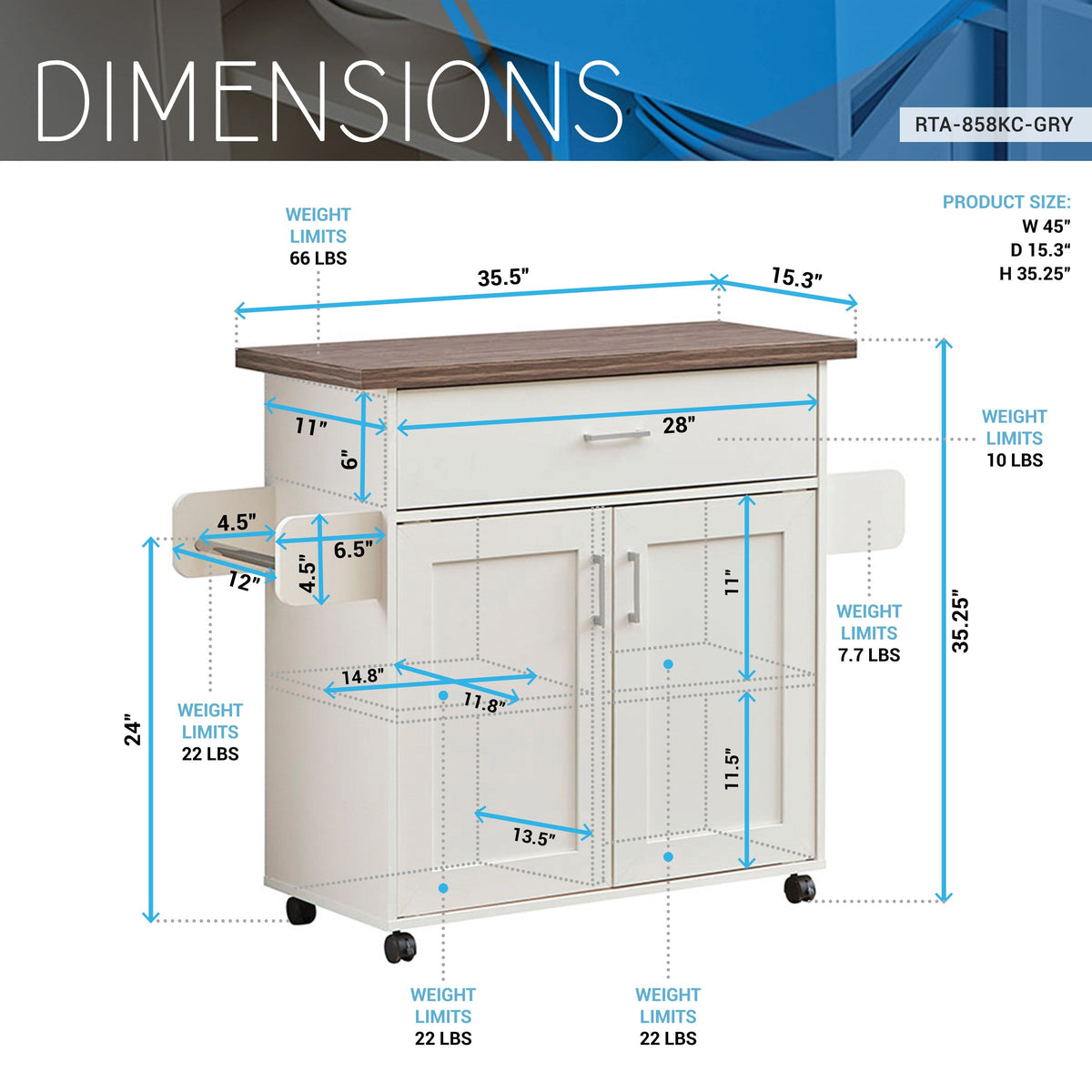 CESICIA White Wood Base with Wood Top Rolling Kitchen Island (15.3-in x 45-in x 35.25-in)