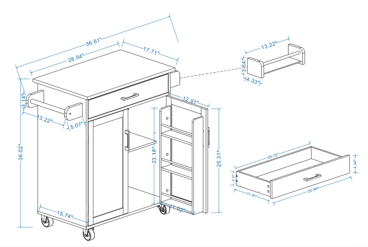 CESICIA White Mdf Base with Mdf Wood Top Rolling Kitchen Island (17.72-in x 28.74-in x 36.22-in)