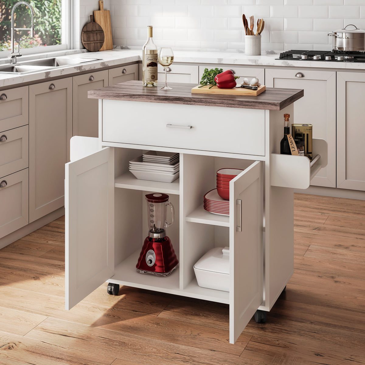CESICIA White Wood Base with Wood Top Rolling Kitchen Island (15.3-in x 45-in x 35.25-in)
