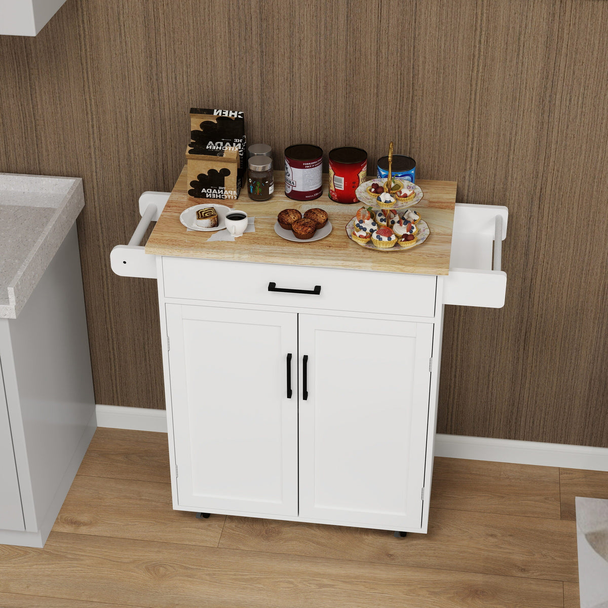CESICIA White Mdf Base with Mdf Wood Top Rolling Kitchen Island (17.72-in x 28.74-in x 36.22-in)