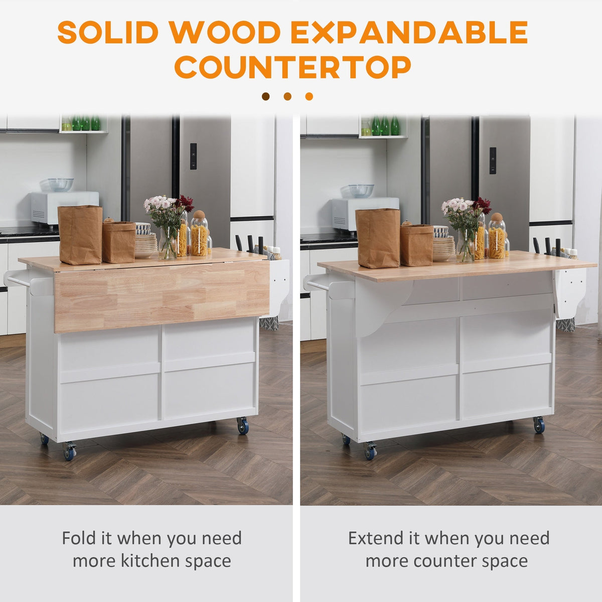 CESICIA White Wood Base with Wood Top Rolling Kitchen Island (29.25-in x 57.5-in x 36.75-in)