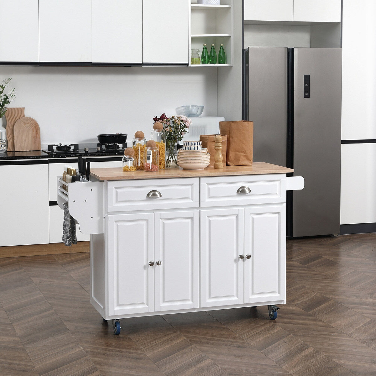 CESICIA White Wood Base with Wood Top Rolling Kitchen Island (29.25-in x 57.5-in x 36.75-in)