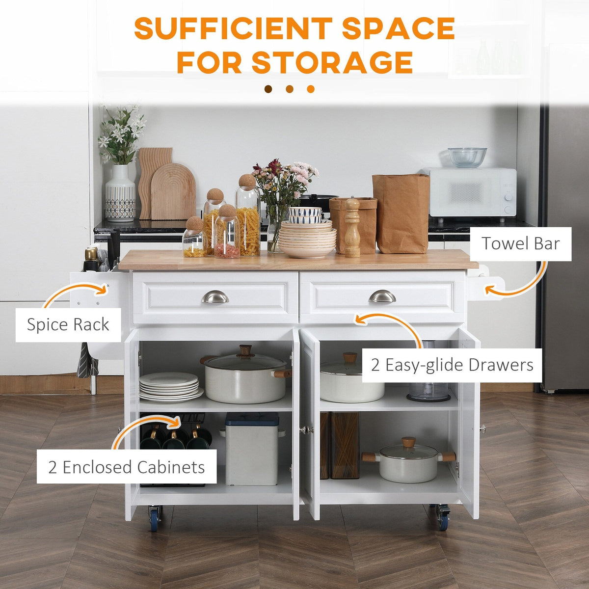 CESICIA White Wood Base with Wood Top Rolling Kitchen Island (29.25-in x 57.5-in x 36.75-in)