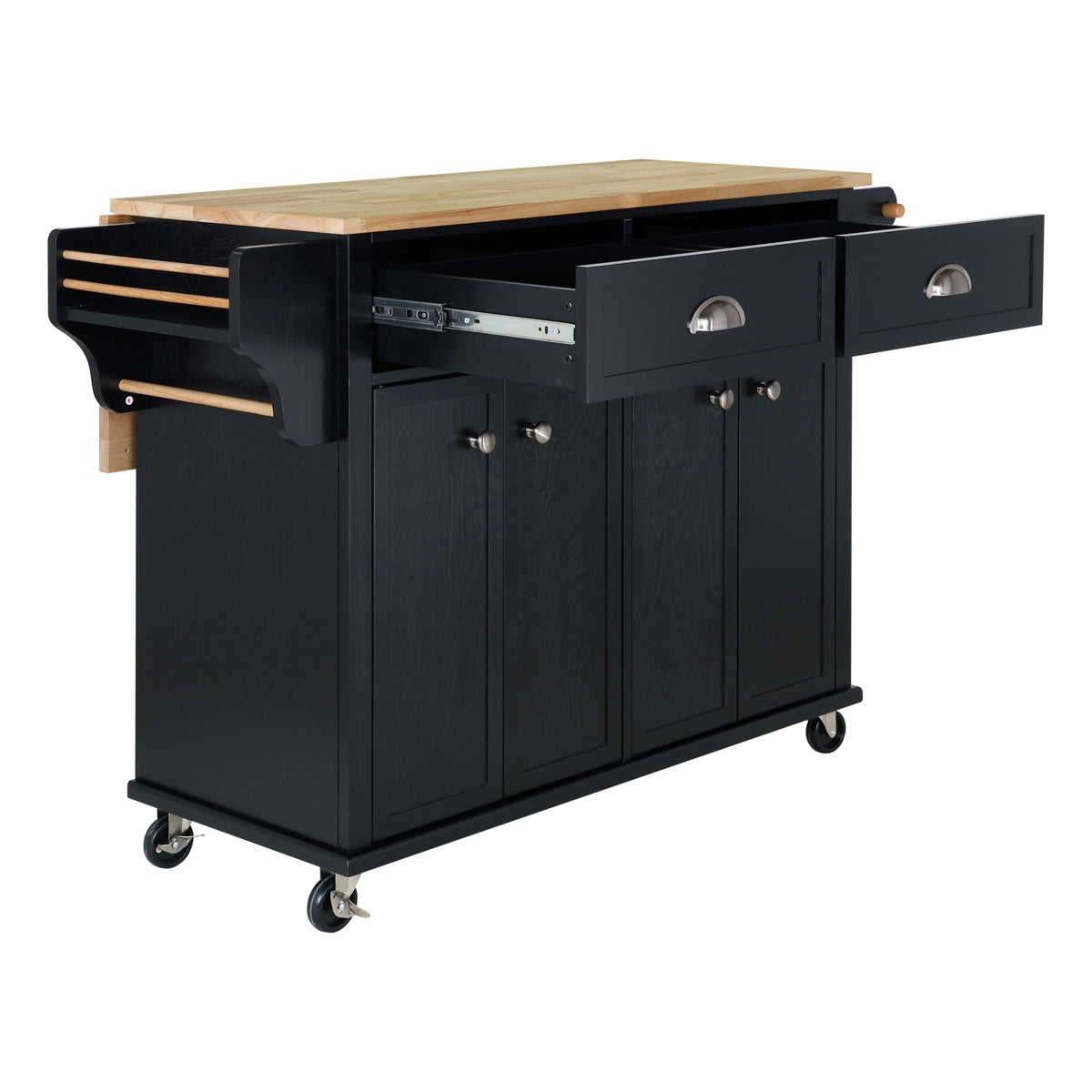 CESICIA Black Wood Base with Wood Top Rolling Kitchen Island (32-in x 52-in x 36-in)