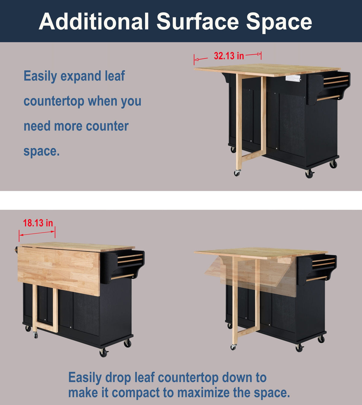 CESICIA Black Wood Base with Wood Top Rolling Kitchen Island (32-in x 52-in x 36-in)
