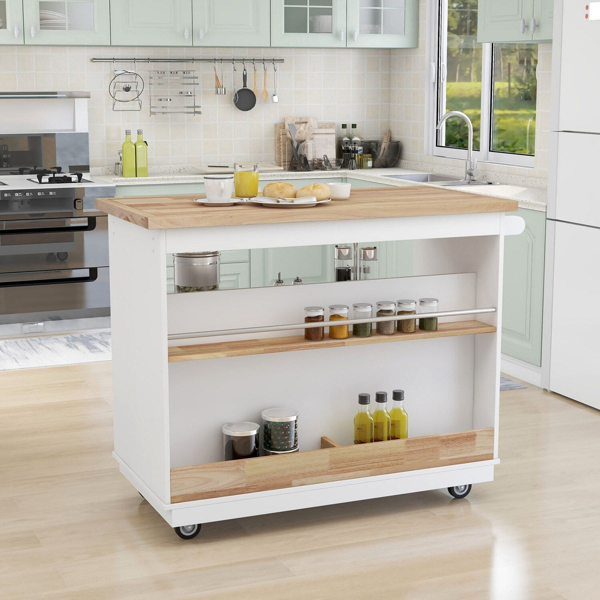 Bybafun White Mdf Base with Wood Top Rolling Kitchen Cart (21.7-in x 43.3-in x 35.6-in)