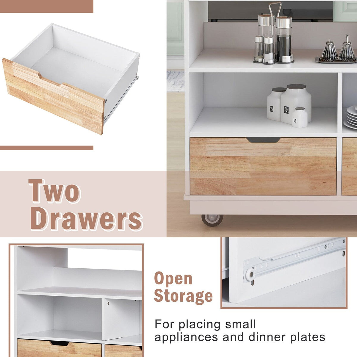 Bybafun White Mdf Base with Wood Top Rolling Kitchen Cart (21.7-in x 43.3-in x 35.6-in)