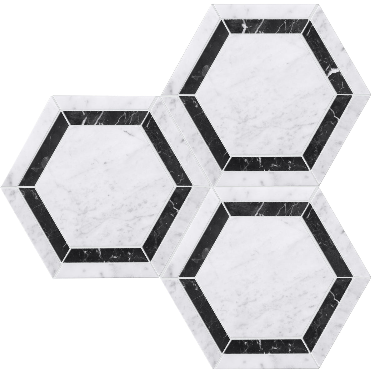 Satori 8-in x 8-in Polished Natural Marble Hexagon Floor and Wall Tile, Bianco Carrara White/Nero Marquina (4.8-sq ft/Carton)