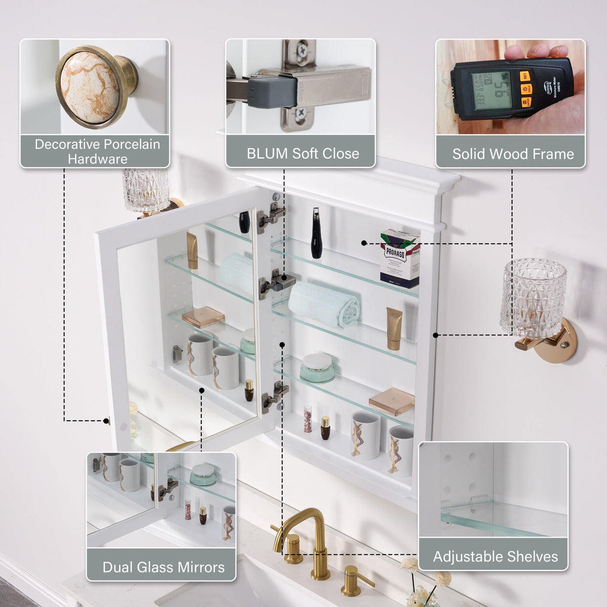 WELLFOR GRACE Solid Wood 26-in x 32-in Recessed Mount White Mirrored Soft Close Medicine Cabinet