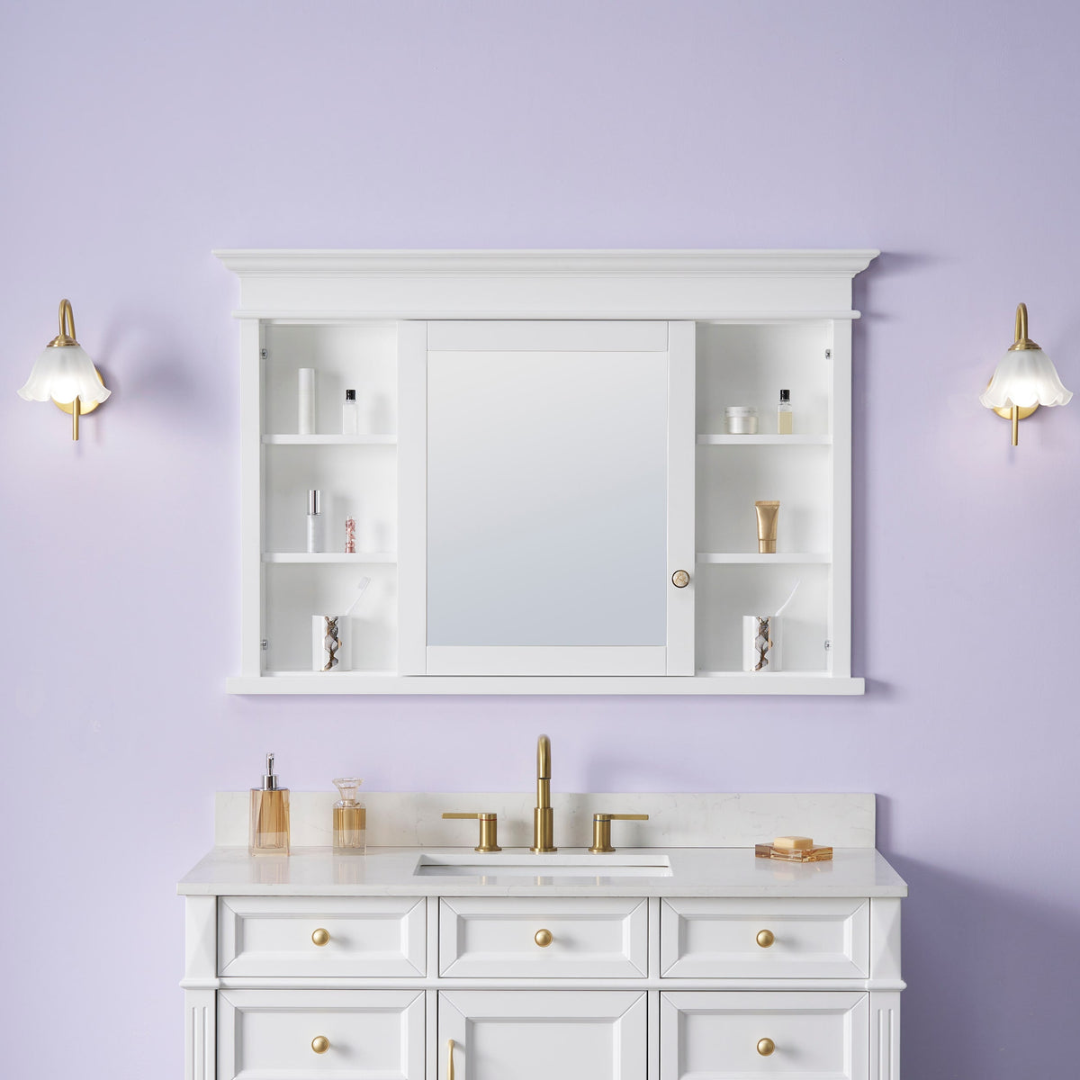 WELLFOR GRACE Solid Wood 48-in x 32-in Recessed Mount White Mirrored Soft Close Medicine Cabinet
