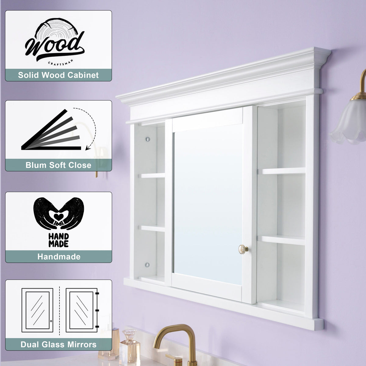 WELLFOR GRACE Solid Wood 48-in x 32-in Recessed Mount White Mirrored Soft Close Medicine Cabinet