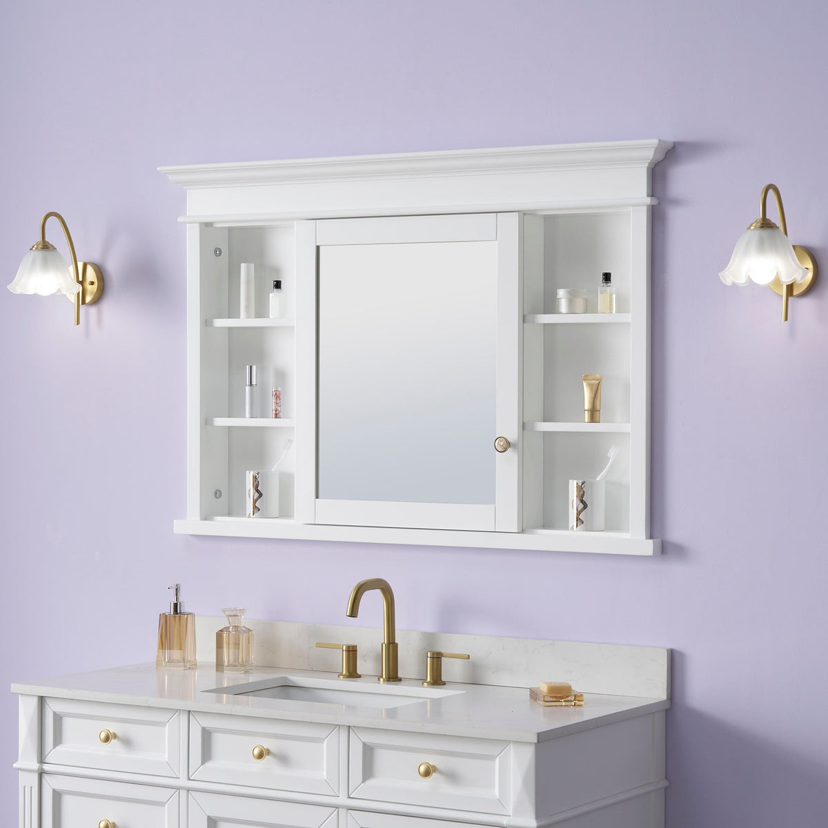 WELLFOR GRACE Solid Wood 48-in x 32-in Recessed Mount White Mirrored Soft Close Medicine Cabinet