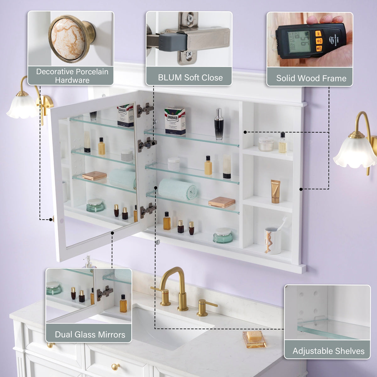 WELLFOR GRACE Solid Wood 48-in x 32-in Recessed Mount White Mirrored Soft Close Medicine Cabinet