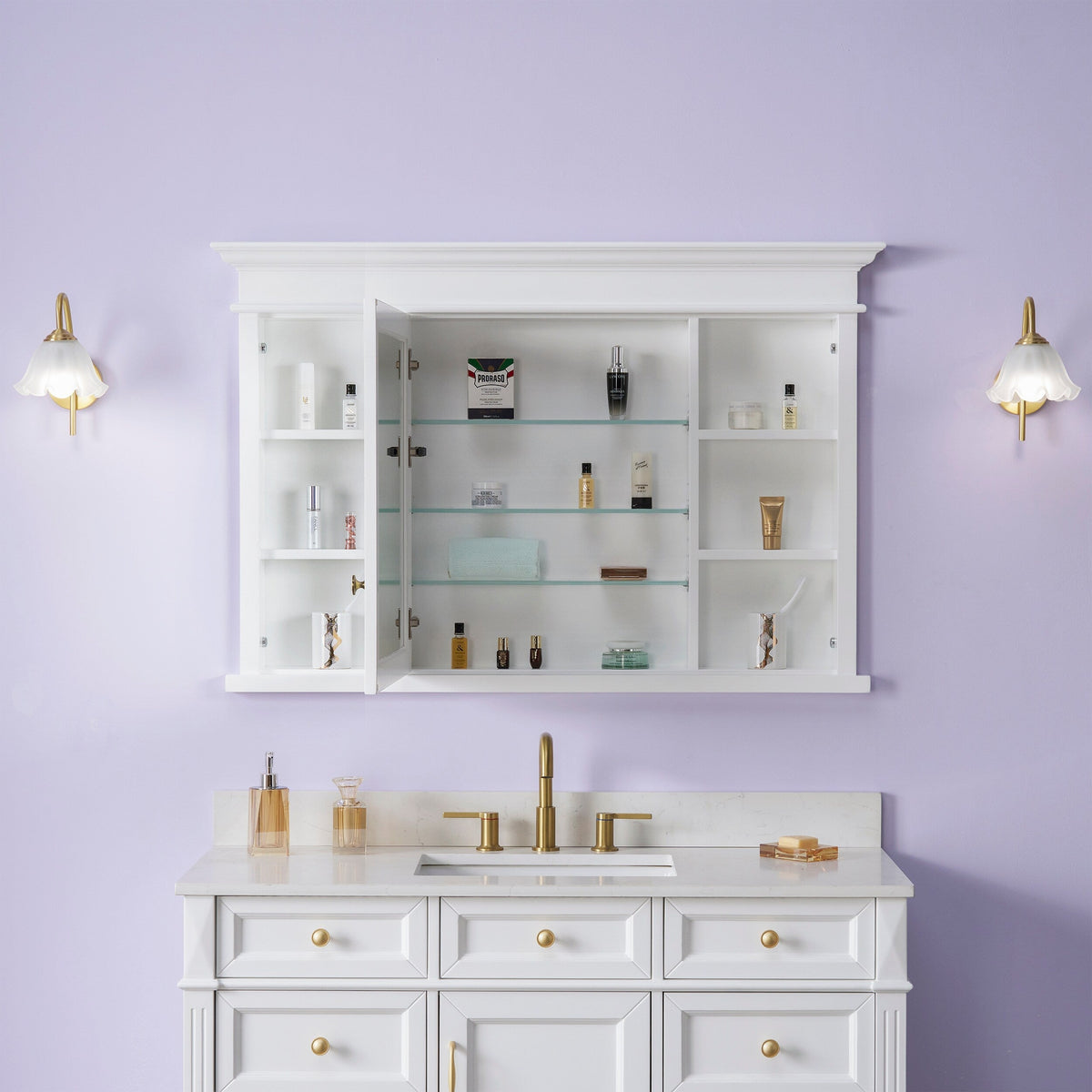 WELLFOR GRACE Solid Wood 48-in x 32-in Recessed Mount White Mirrored Soft Close Medicine Cabinet