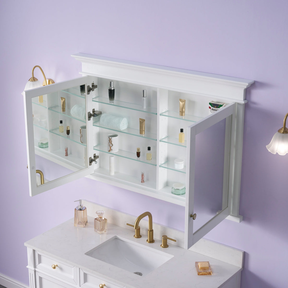 WELLFOR GRACE Solid Wood 48-in x 32-in Recessed Mount White Mirrored Soft Close Medicine Cabinet