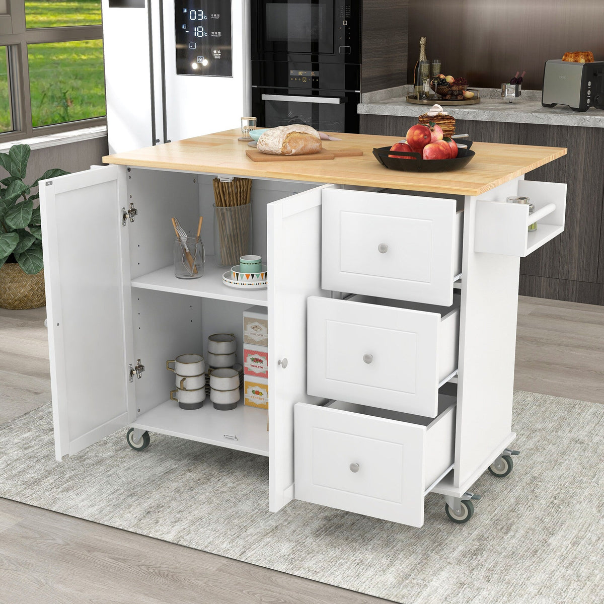 BABOOM White Mdf Base with Wood Top Rolling Kitchen Island (29.5-in x 52.7-in x 36.81-in)