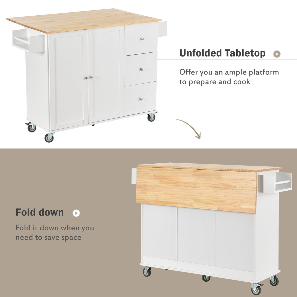 BABOOM White Mdf Base with Wood Top Rolling Kitchen Island (29.5-in x 52.7-in x 36.81-in)