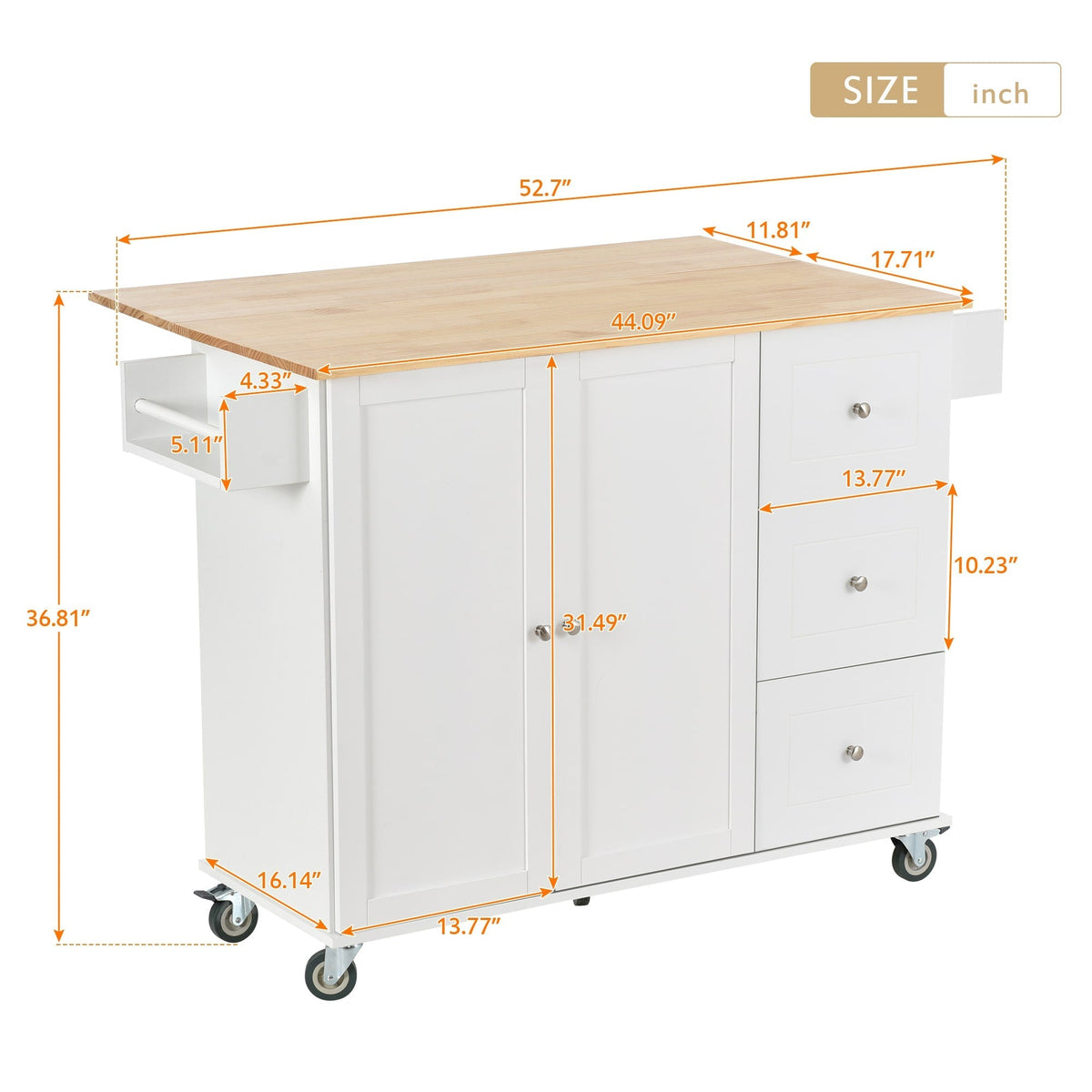 BABOOM White Mdf Base with Wood Top Rolling Kitchen Island (29.5-in x 52.7-in x 36.81-in)