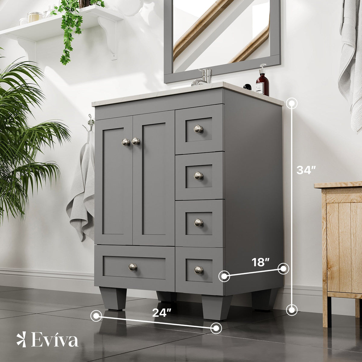 Eviva Happy 24 in. W x 18 in. D x 34 in. H Gray Bathroom Vanity with White Carrara Marble Top and White Undermount Sink