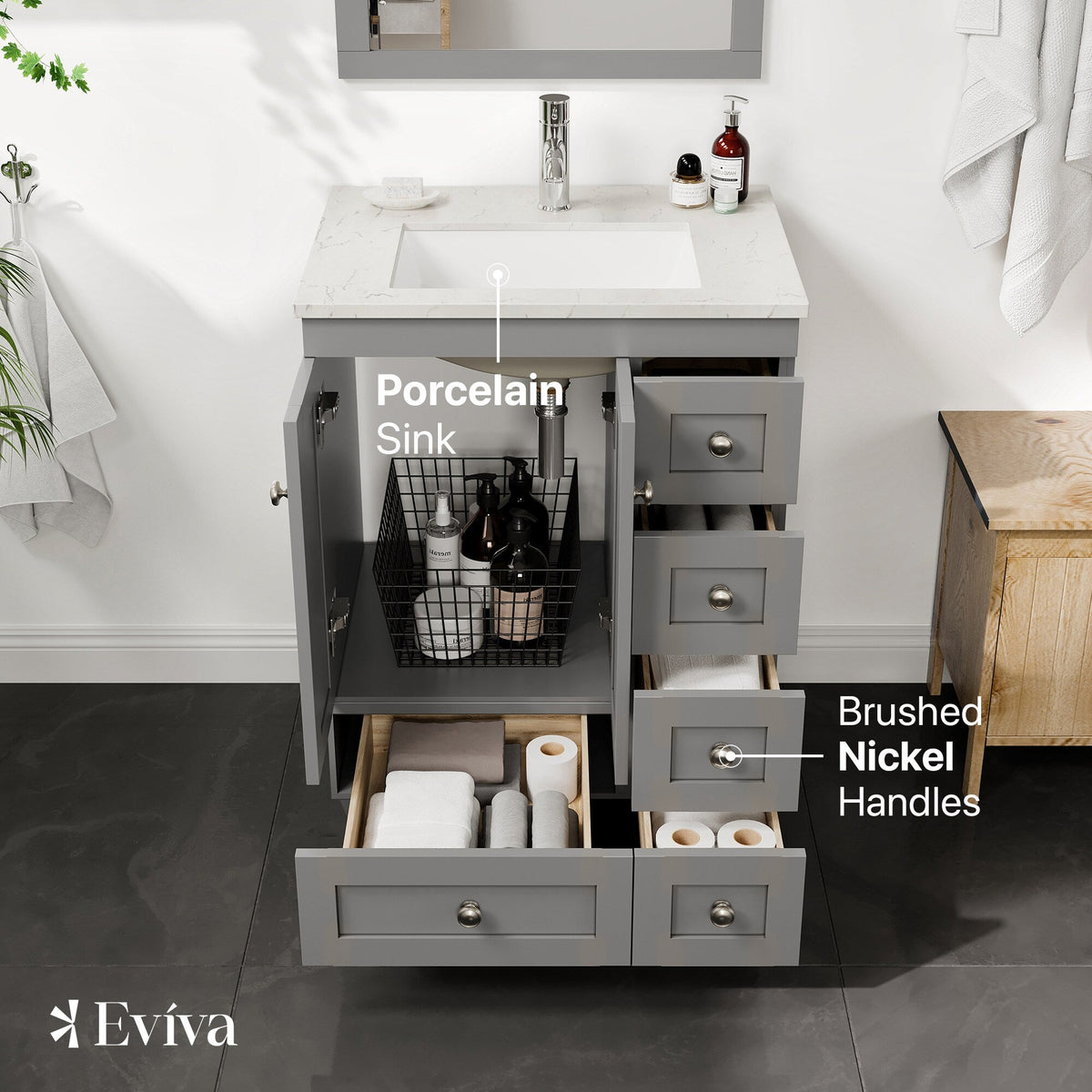 Eviva Happy 24 in. W x 18 in. D x 34 in. H Gray Bathroom Vanity with White Carrara Marble Top and White Undermount Sink