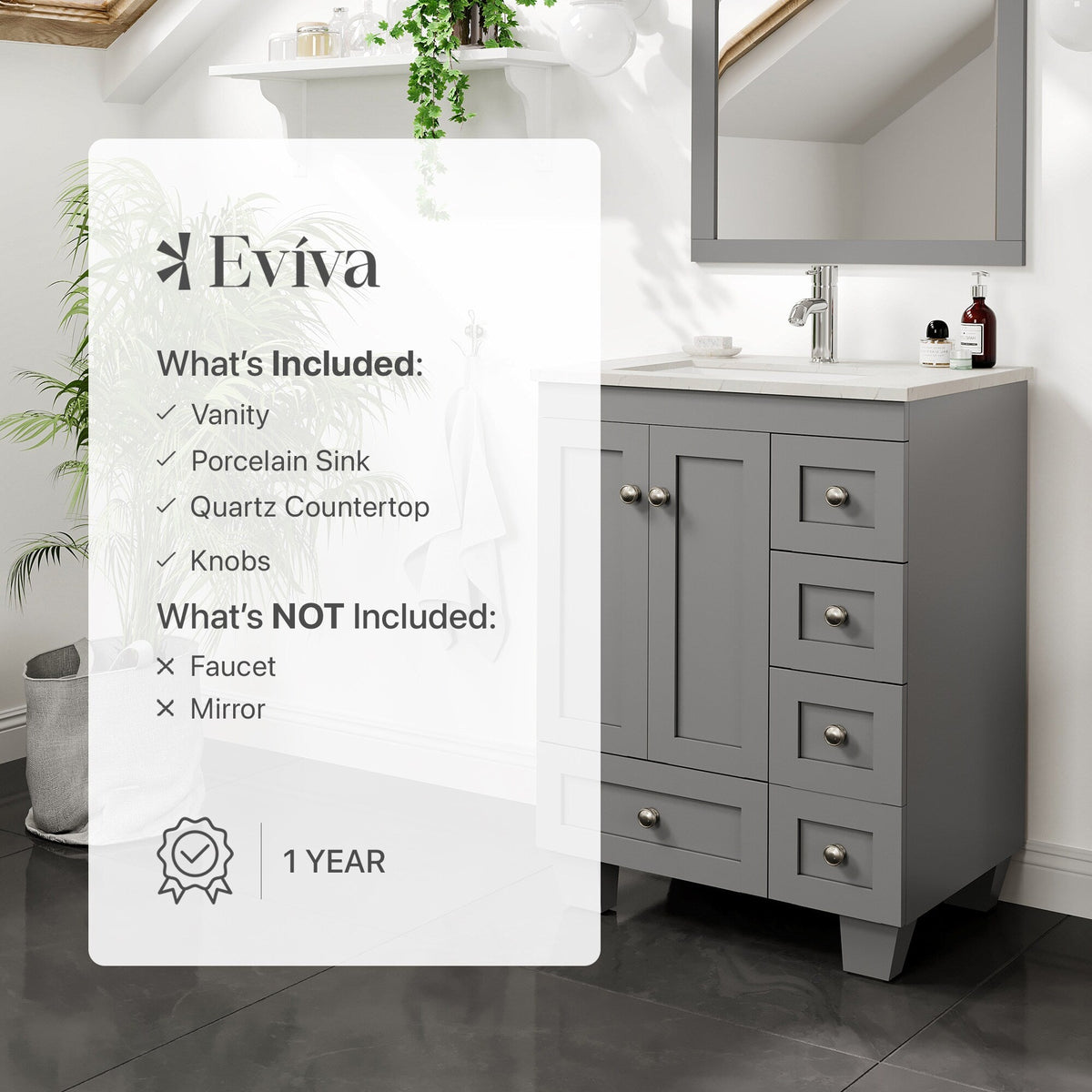 Eviva Happy 24 in. W x 18 in. D x 34 in. H Gray Bathroom Vanity with White Carrara Marble Top and White Undermount Sink