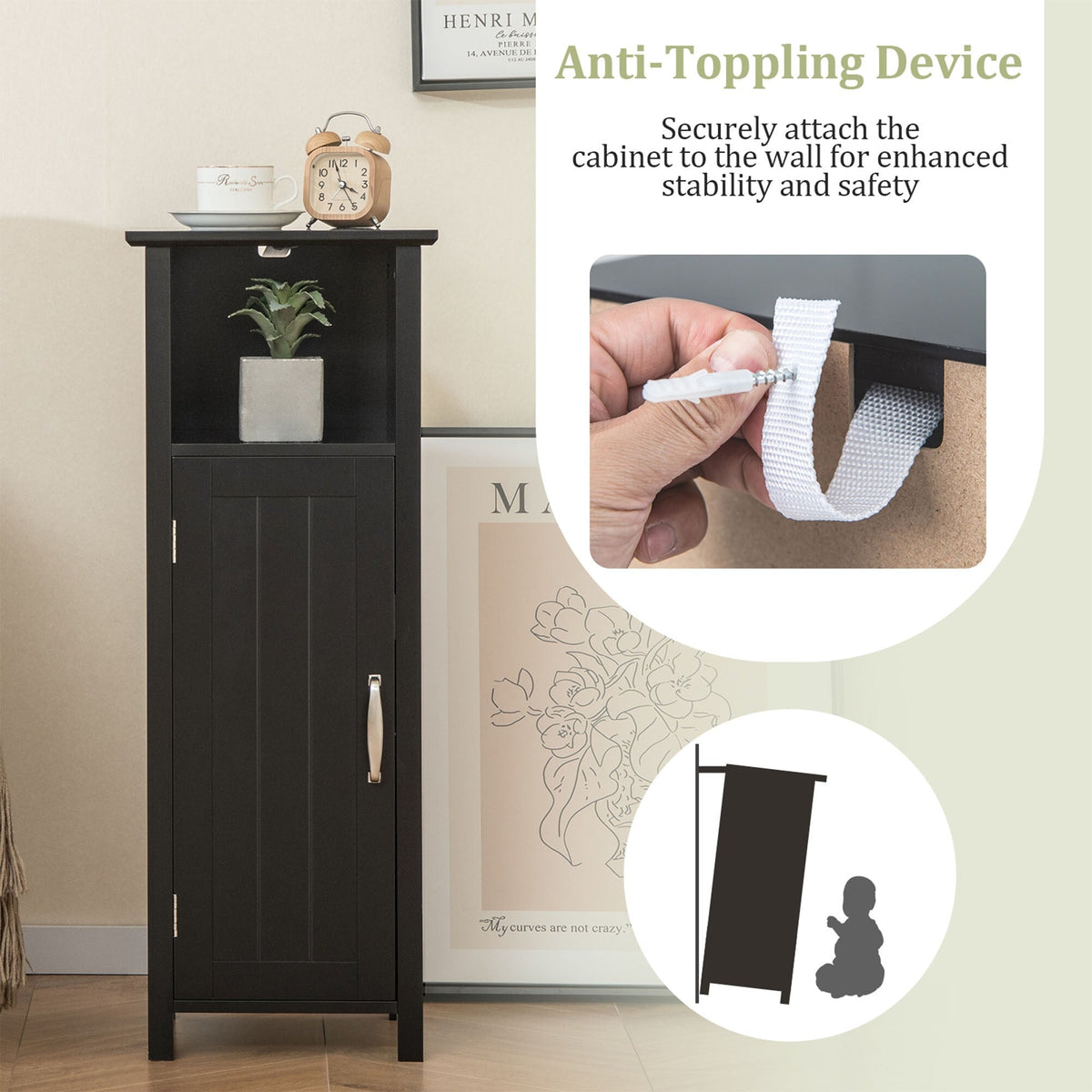 WELLFOR 12-in x 31.5-in x 12-in Black Freestanding Corner Linen Cabinet
