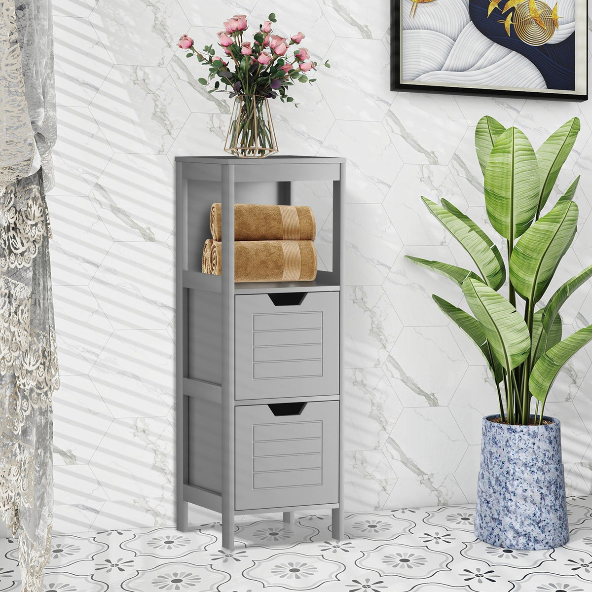 WELLFOR 12-in x 35-in x 11-in Gray Freestanding Corner Linen Cabinet