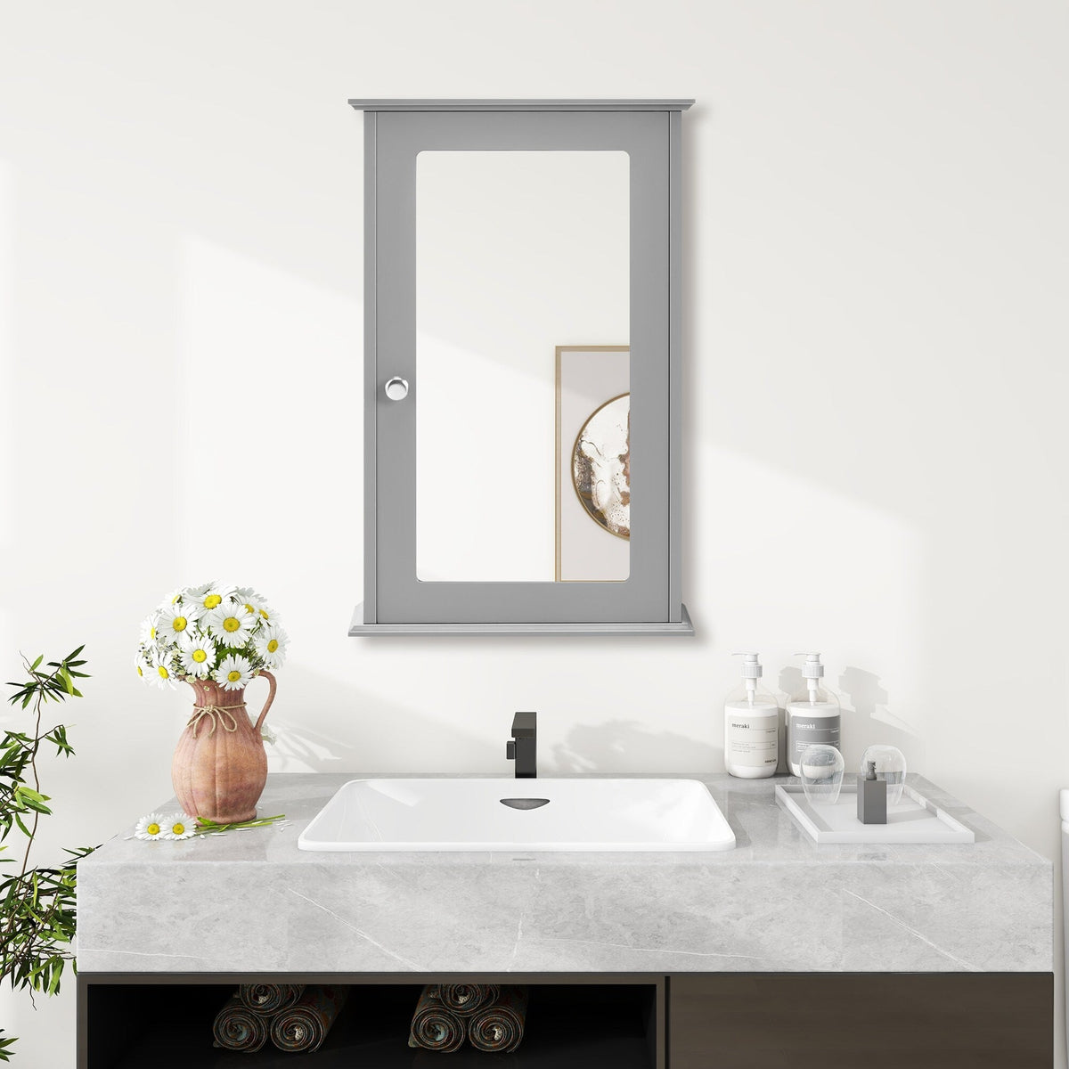 WELLFOR 13.5-in x 21-in Surface Mount Gray Mirrored Medicine Cabinet